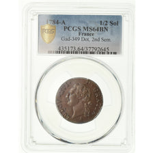 Coin, France, Louis XVI, 1/2 Sol ou 1/2 sou, 1/2 Sol, 1784, Paris, PCGS, MS64BN