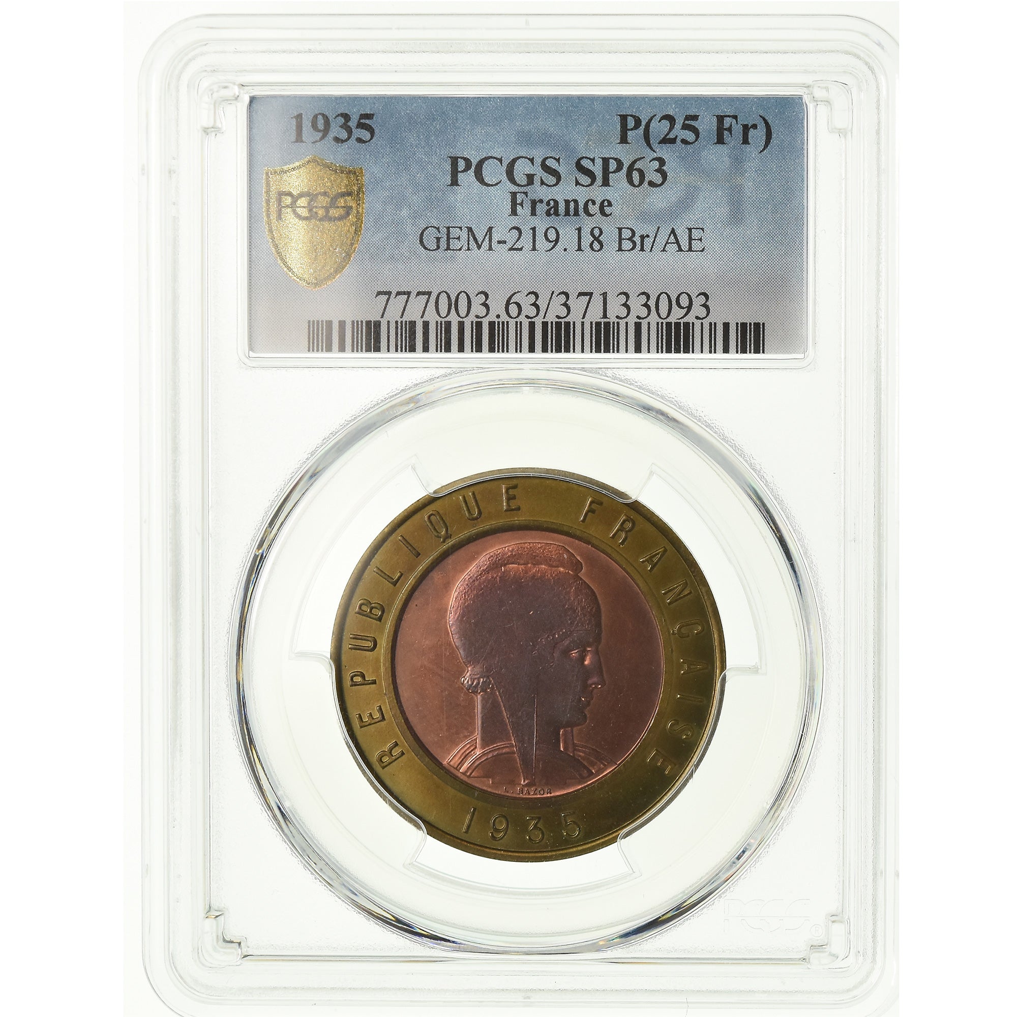 Coin, France, Epreuve par Bazor, 25 Francs, 1935, ESSAI, PCGS, SP63, Bimetallic