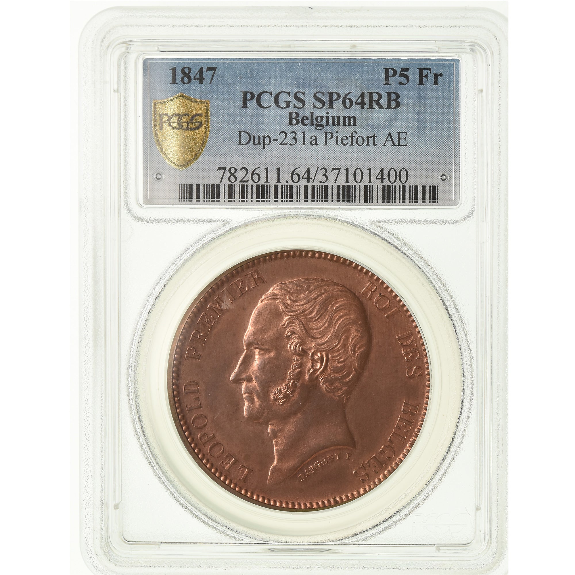 Coin, Belgium, Leopold I, 5 Francs, 1847, Essai-Piéfort, PCGS, SP64RB, Copper