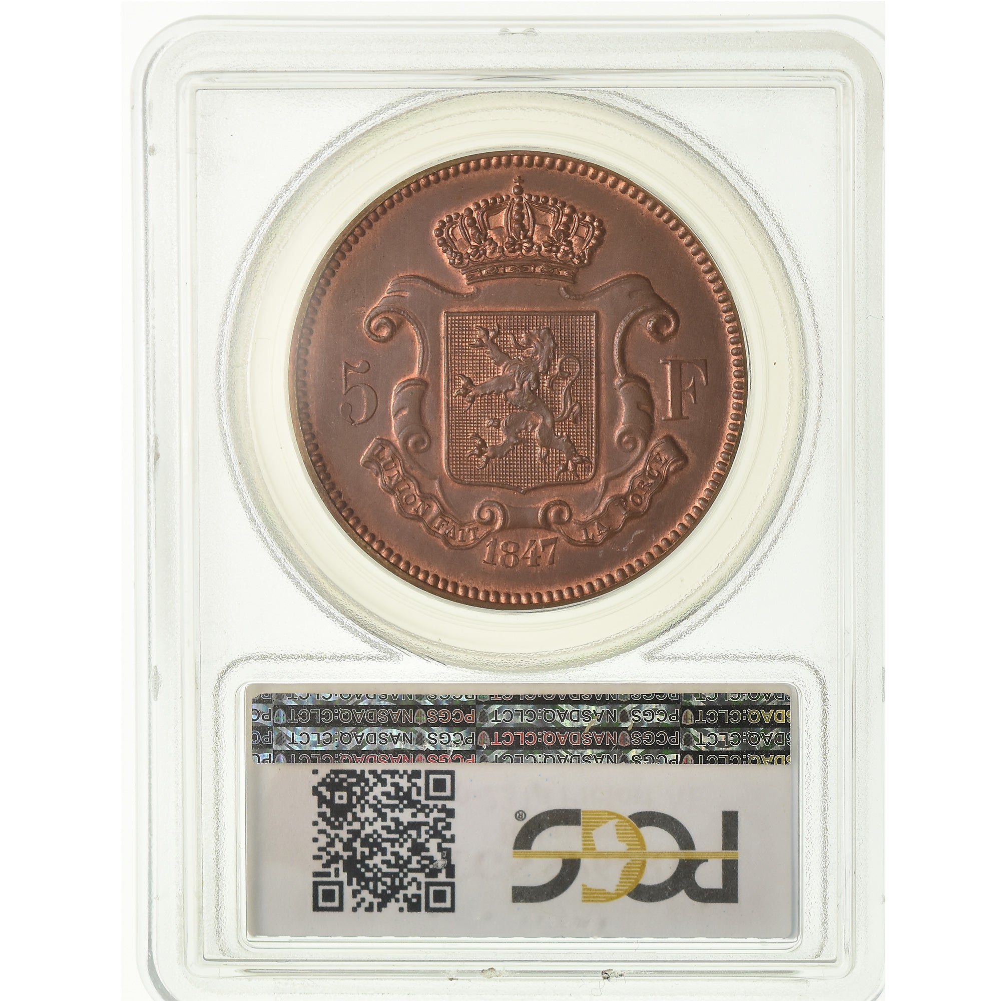 Coin, Belgium, Leopold I, 5 Francs, 1847, Essai-Piéfort, PCGS, SP64RB, Copper
