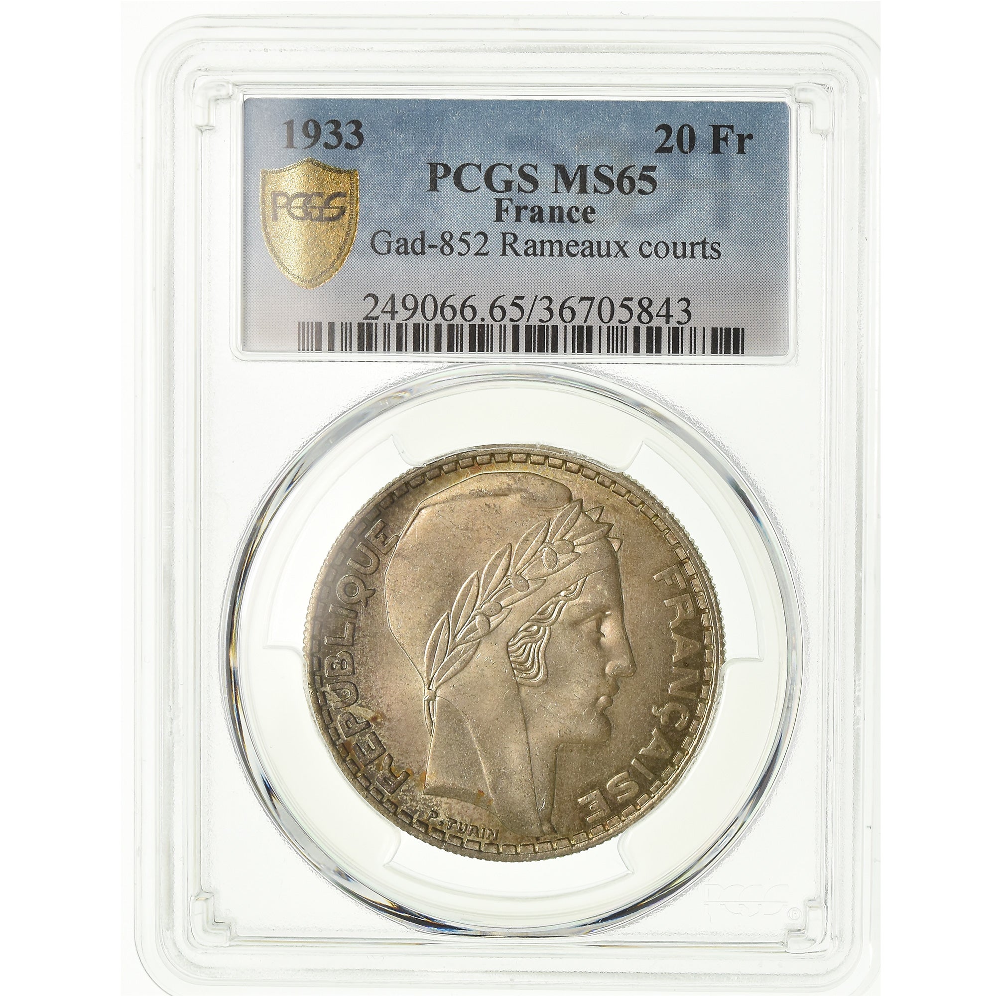 Coin, France, Turin, 20 Francs, 1933, Paris, PCGS, MS65, Silver, KM:879, graded