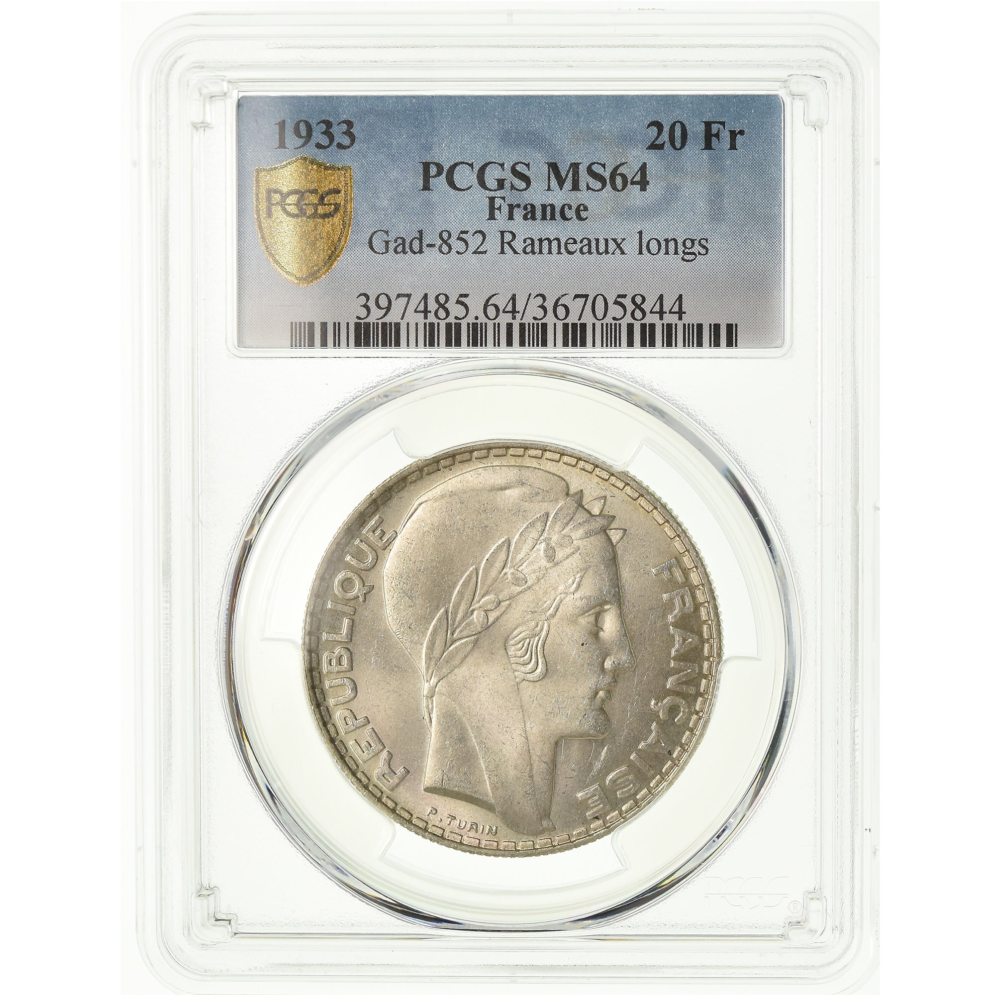 Coin, France, Turin, 20 Francs, 1933, Paris, PCGS, MS64, Silver, KM:879, graded