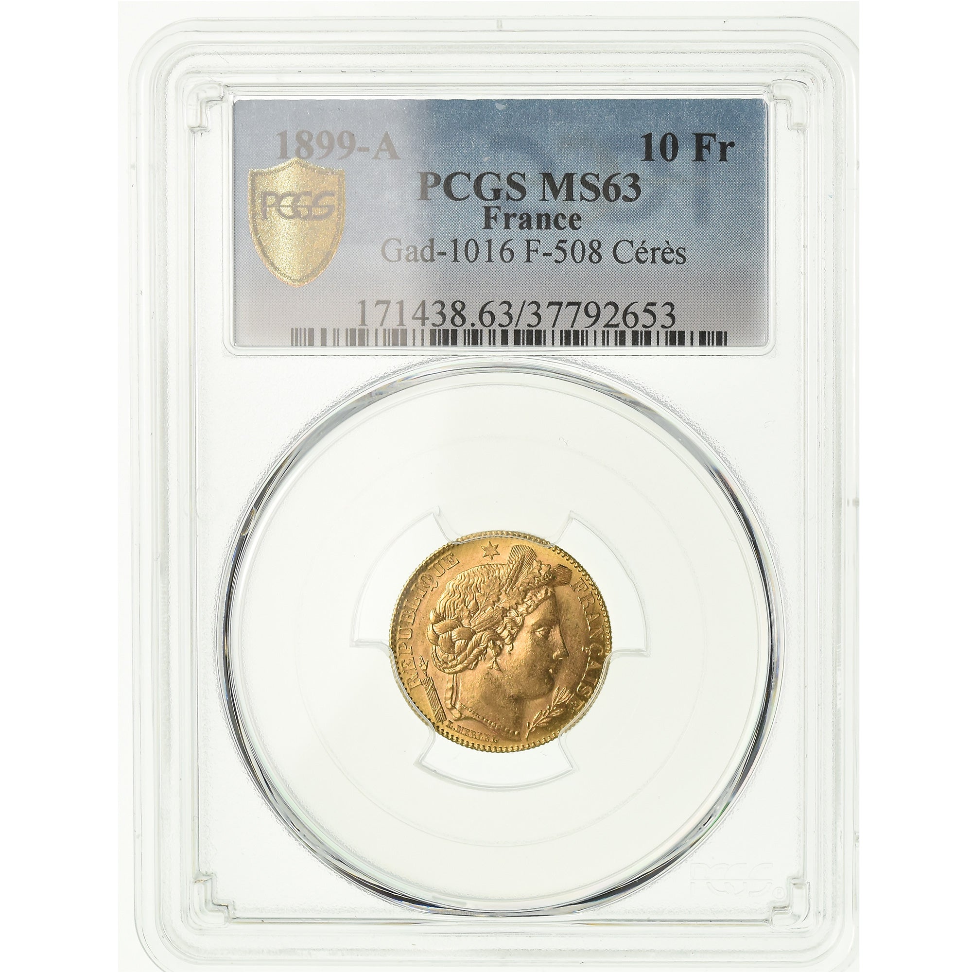 Coin, France, Cérès, 10 Francs, 1899, Paris, PCGS, MS63, Gold, KM:830, graded