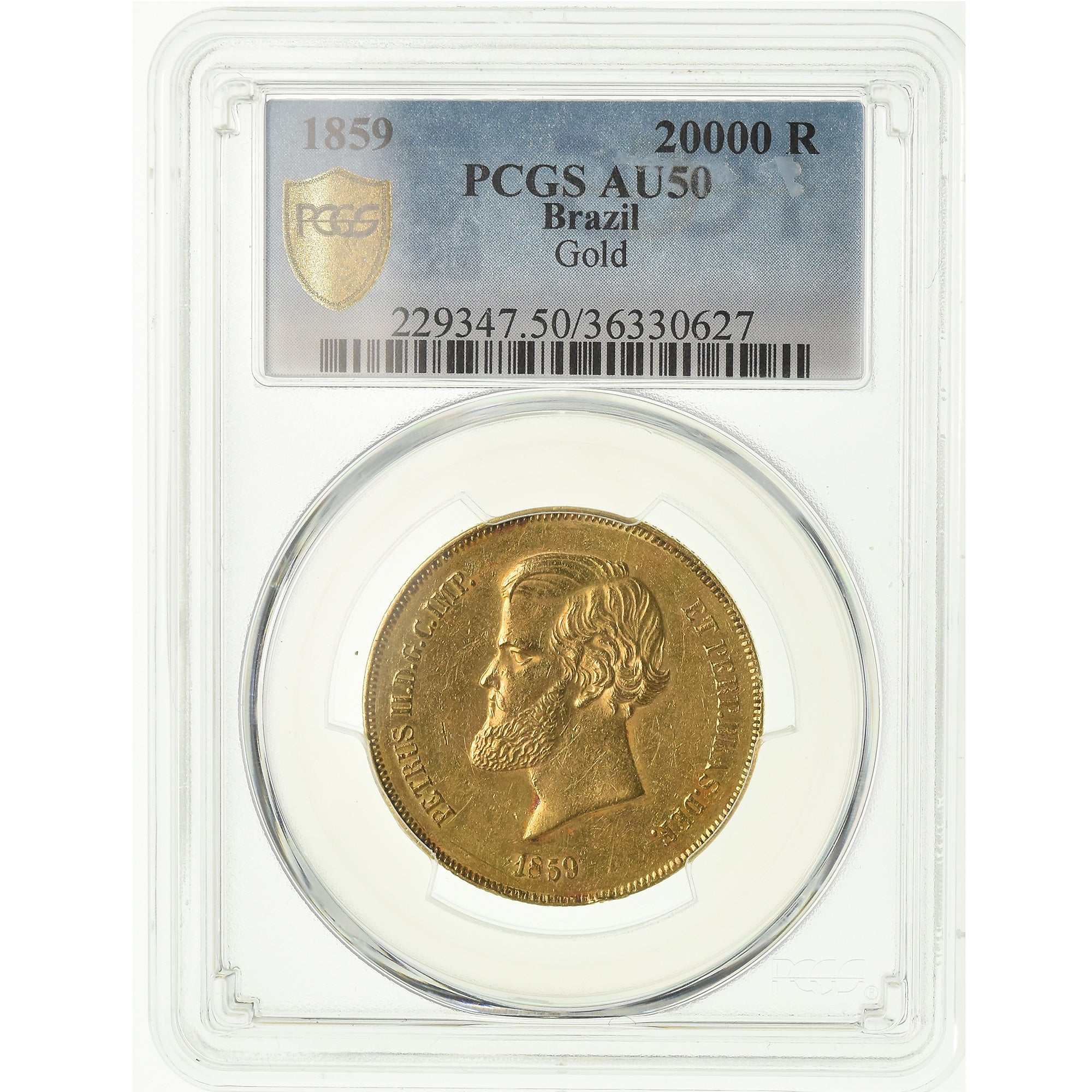Coin, Brazil, Pedro II, 20000 Reis, 1859, PCGS, AU50, Gold, KM:468, graded