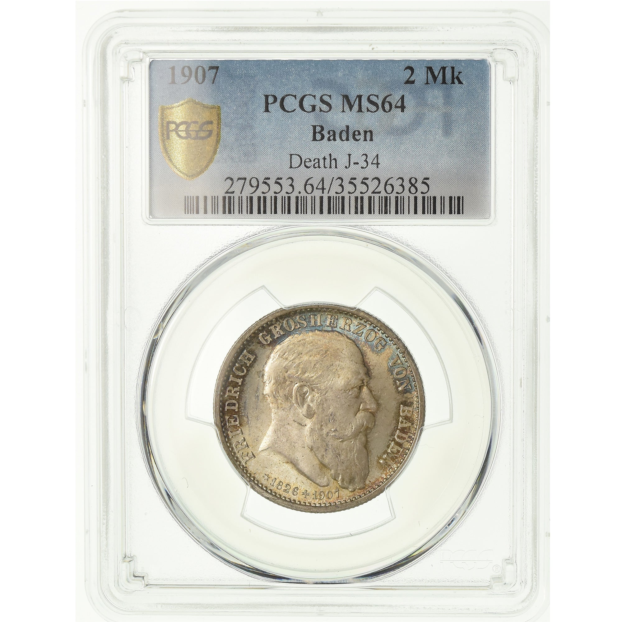 Coin, German States, BADEN, Friedrich I, 2 Mark, 1907, PCGS, MS64, Silver