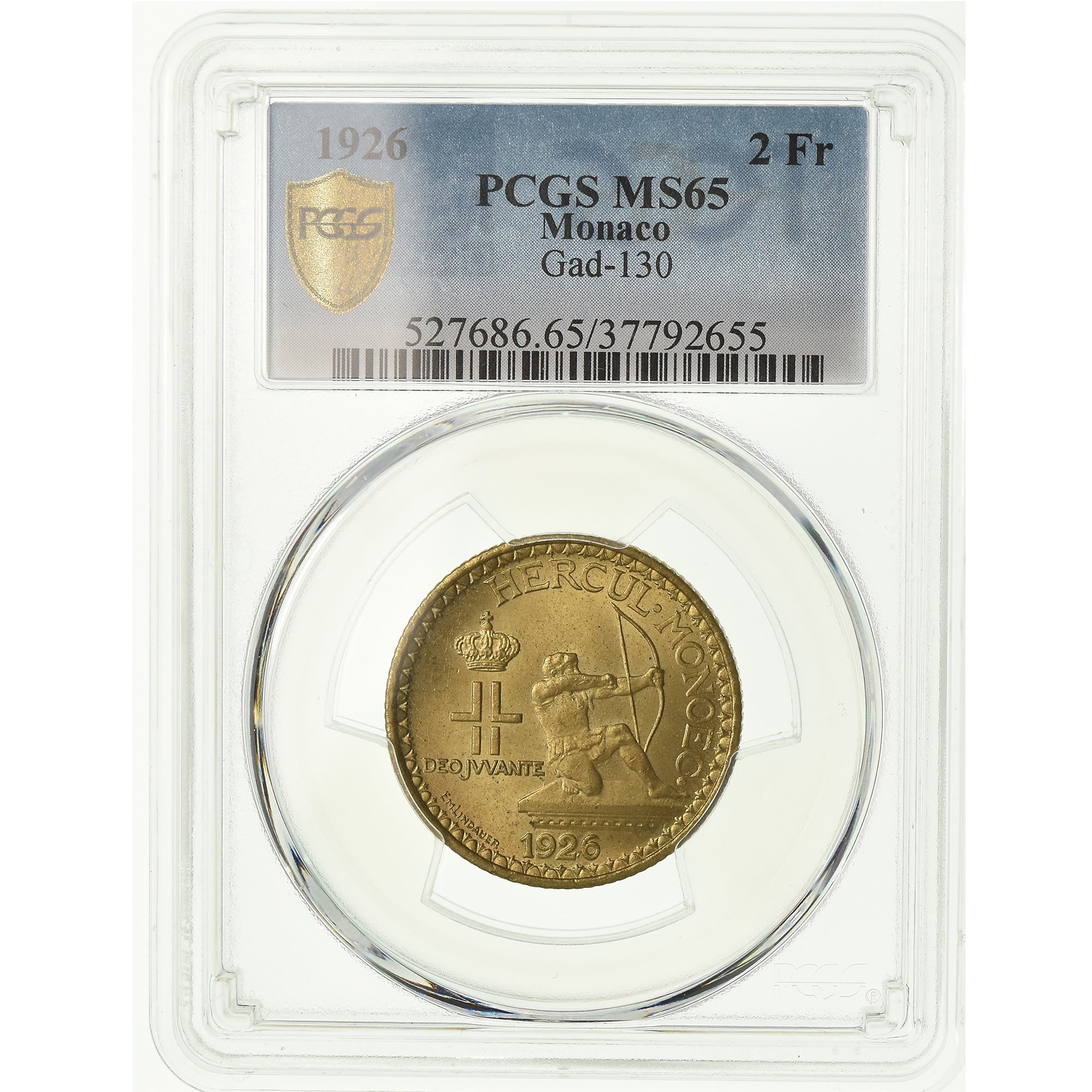 Coin, Monaco, Louis II, 2 Francs, 1926, Poissy, PCGS, MS65, Aluminum-Bronze