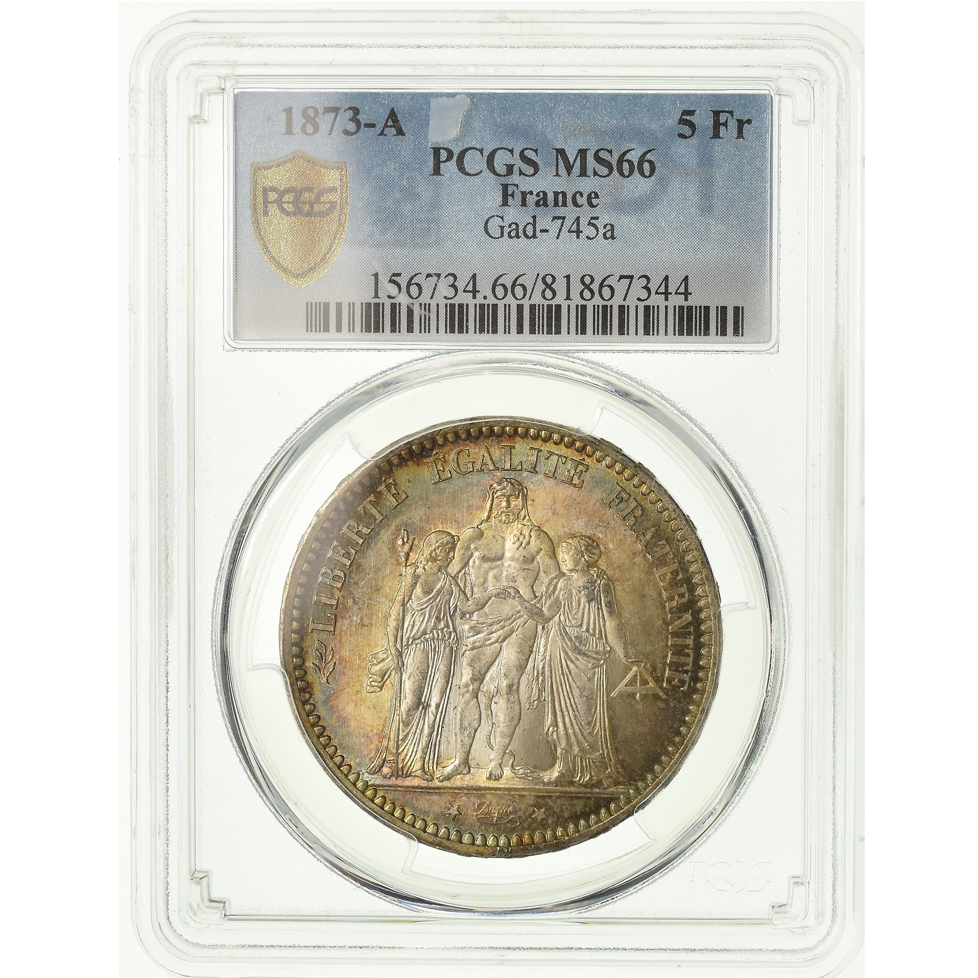 Monnaie, France, Hercule, 5 Francs, 1873, Paris, PCGS, MS66, Argent