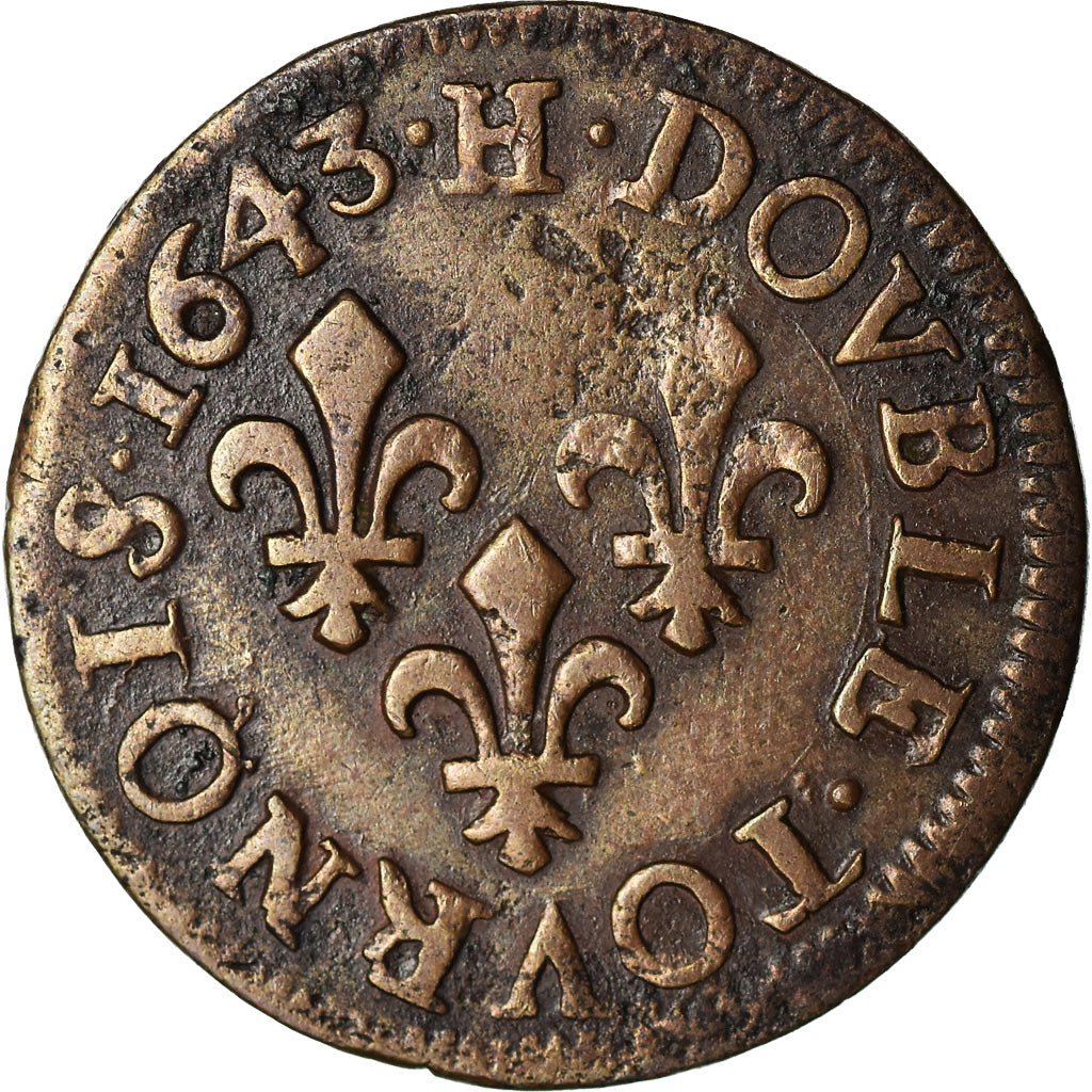 Coin, France, Louis XIII, Double Tournois, 1643, La Rochelle, EF(40-45), Copper