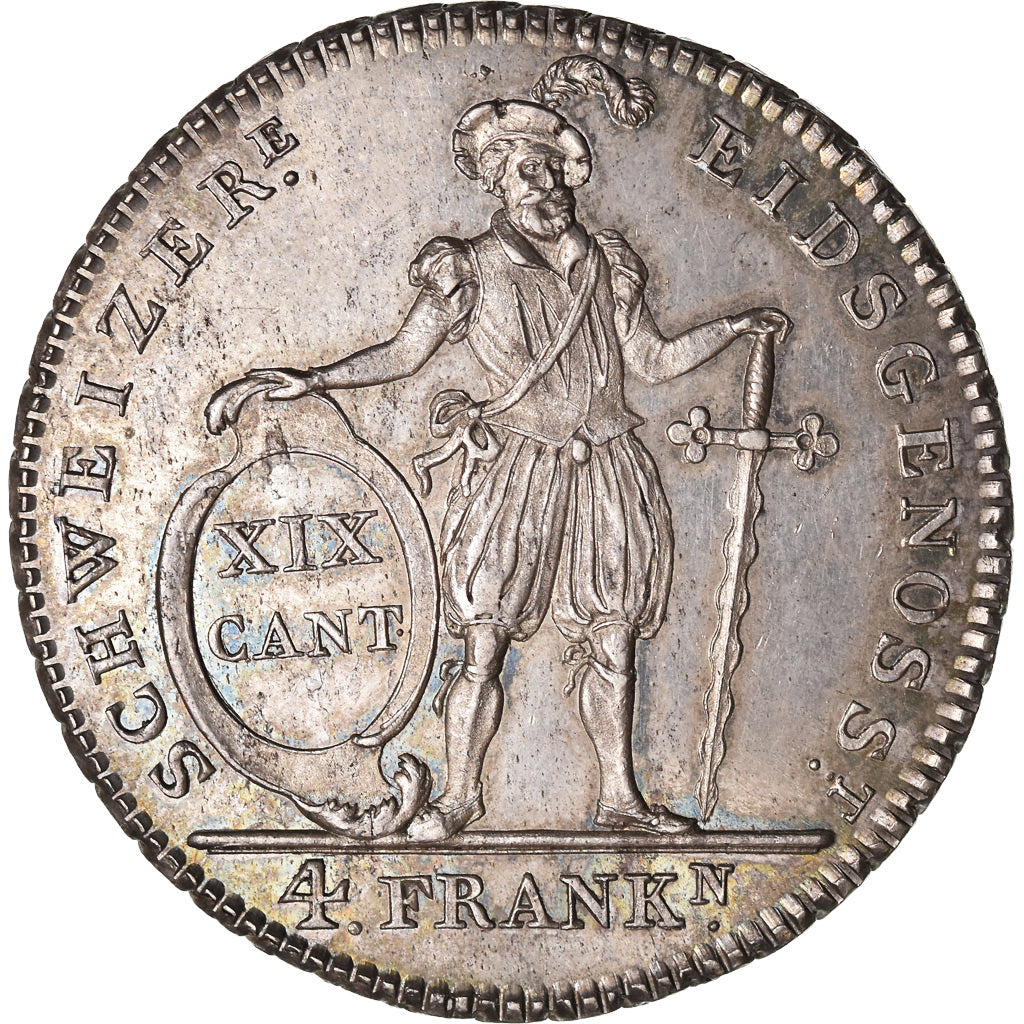 Coin, SWISS CANTONS, FREIBURG, 4 Franken, 1813, Rare, MS(63), Silver, KM:79