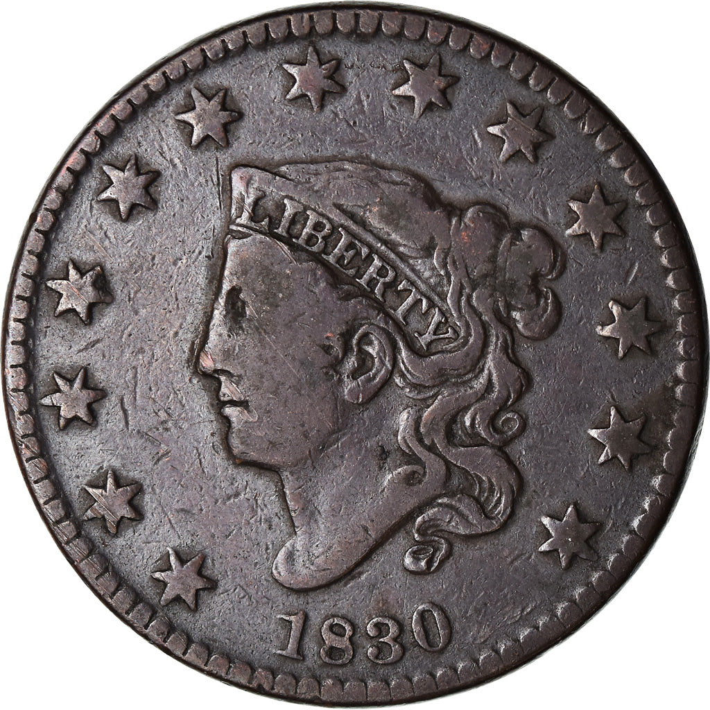 Coin, United States, Coronet Cent, Cent, 1830, U.S. Mint, Philadelphia