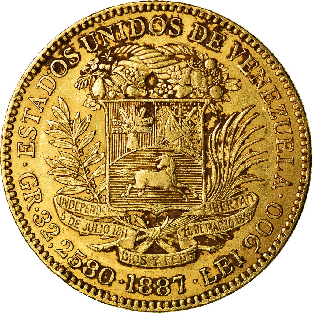 Munten, Venezuela, 100 Bolivares, 1887, Caracas, ZF, Goud, KM:34