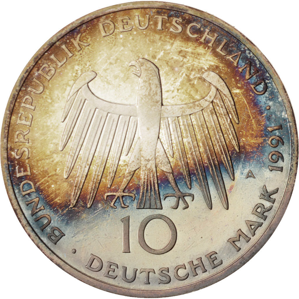 GERMANY - FEDERAL REPUBLIC, 10 Mark, 1991, Berlin, Toned, Silver, KM:177