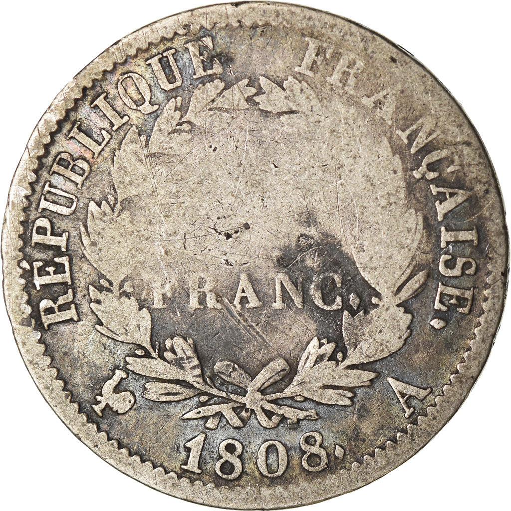 Moneta, Francja, Napoléon I, Franc, 1808, Paris, F(12-15), Srebro, KM:682.1