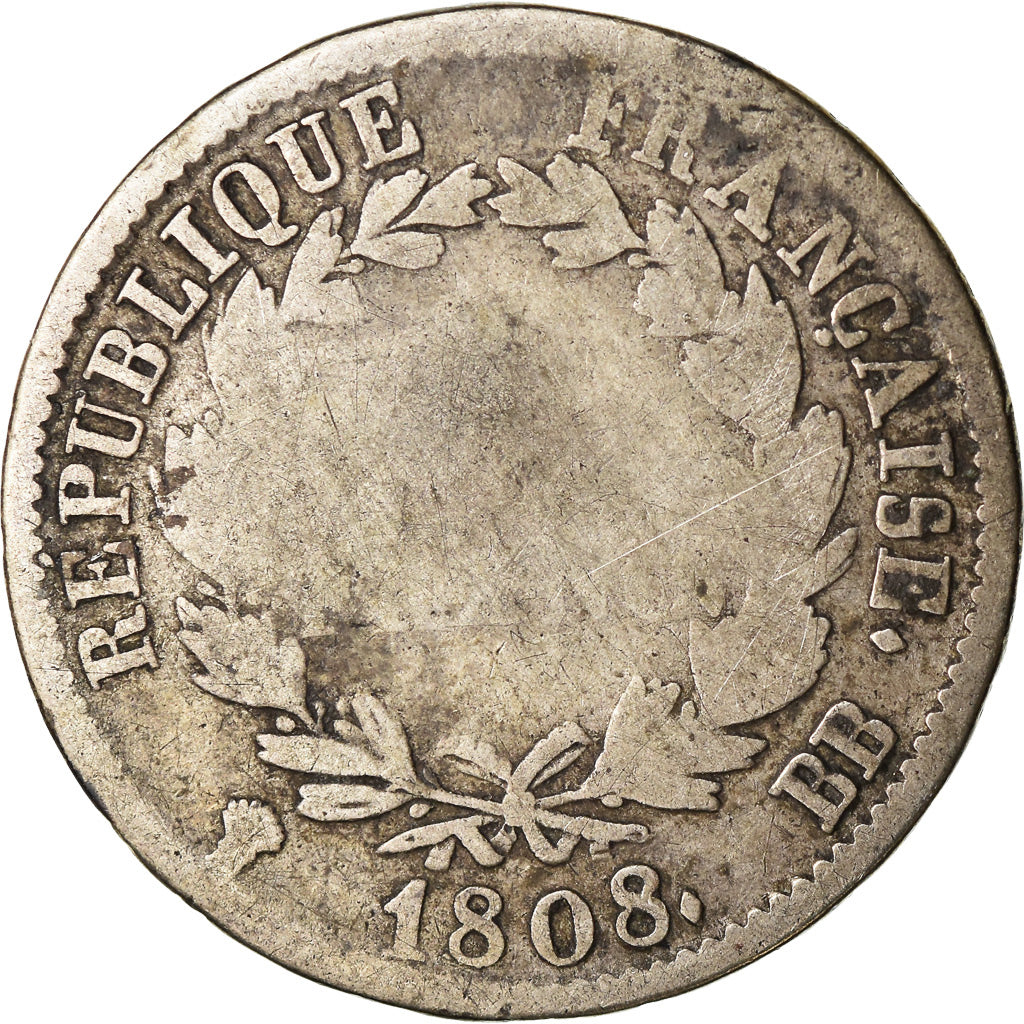 Moneda, Francia, Napoléon I, Franc, 1808, Strasbourg, BC, Plata, KM:682.3