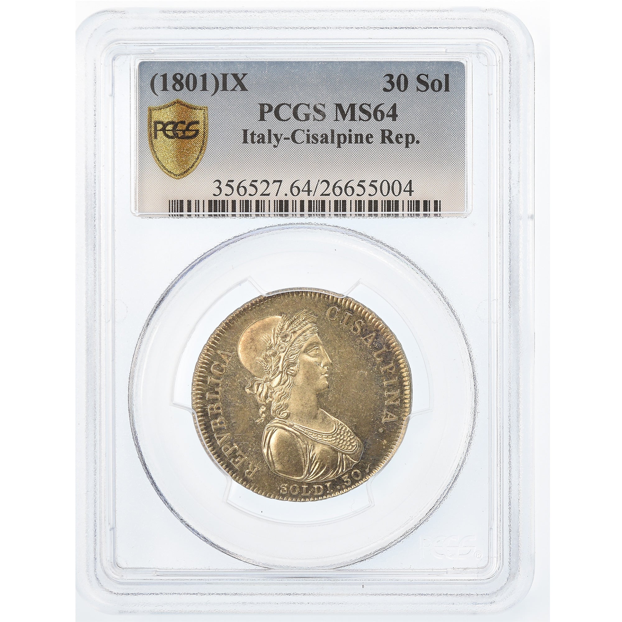 Moneta, STATI ITALIANI, CISALPINE REPUBLIC, 30 Soldi, 1801, Milan, PCGS, MS64