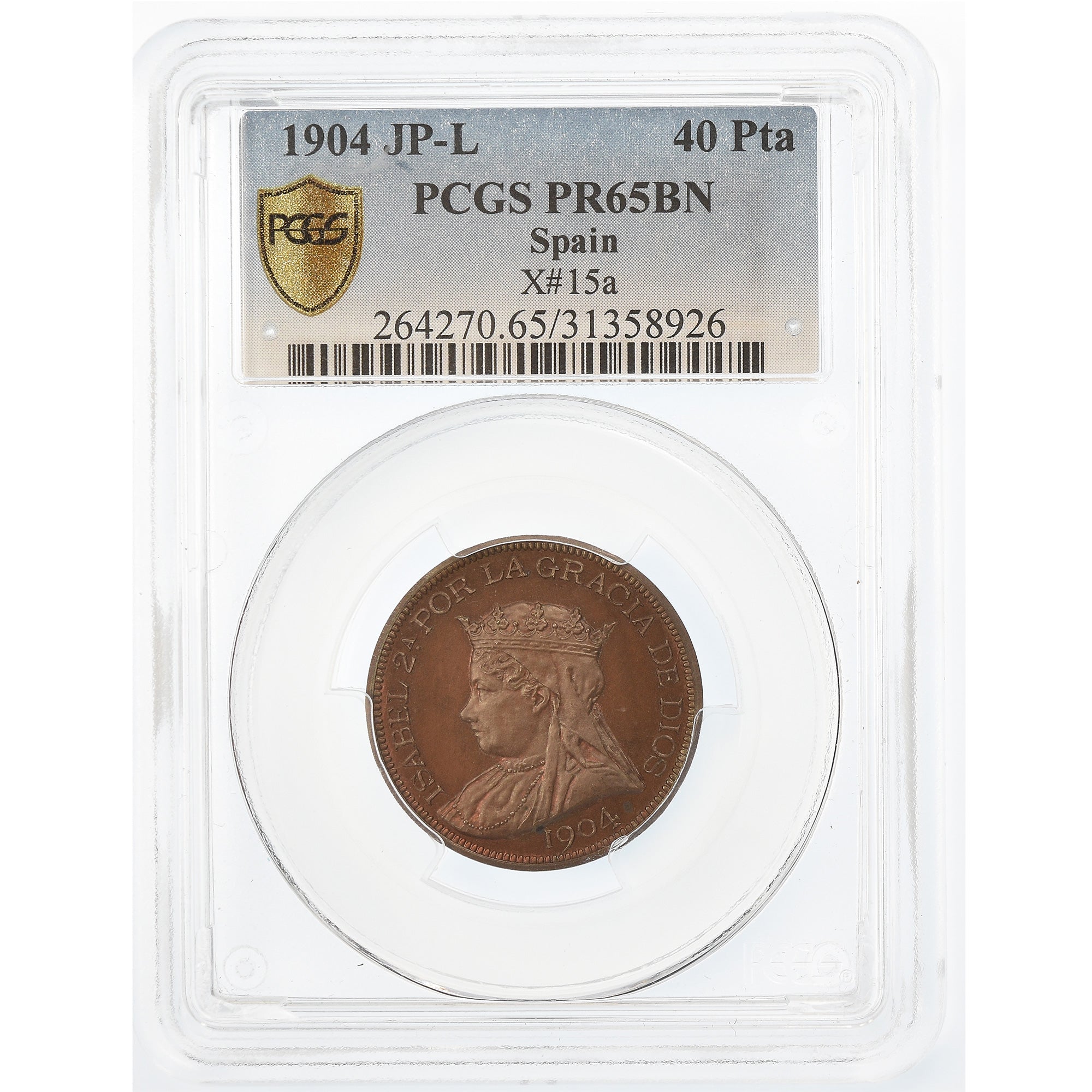 Coin, Spain, Isabel II, 40 Pesetas, 1904, PCGS, PR65BN, Bronze, KM:15b, graded