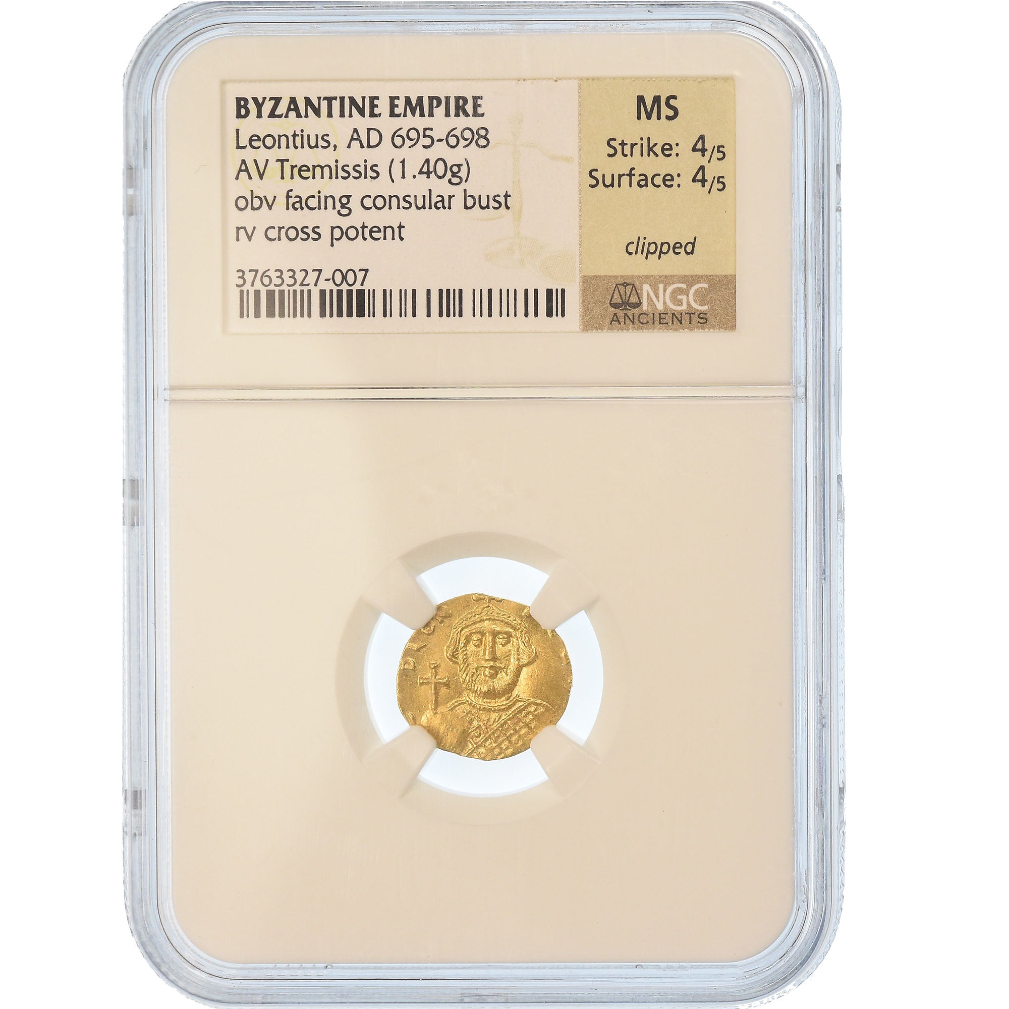 Monnaie, Leontius 695-698, Tremissis, Gradée, NGC, MS, 4/5-4/5, Or, 3763327-007