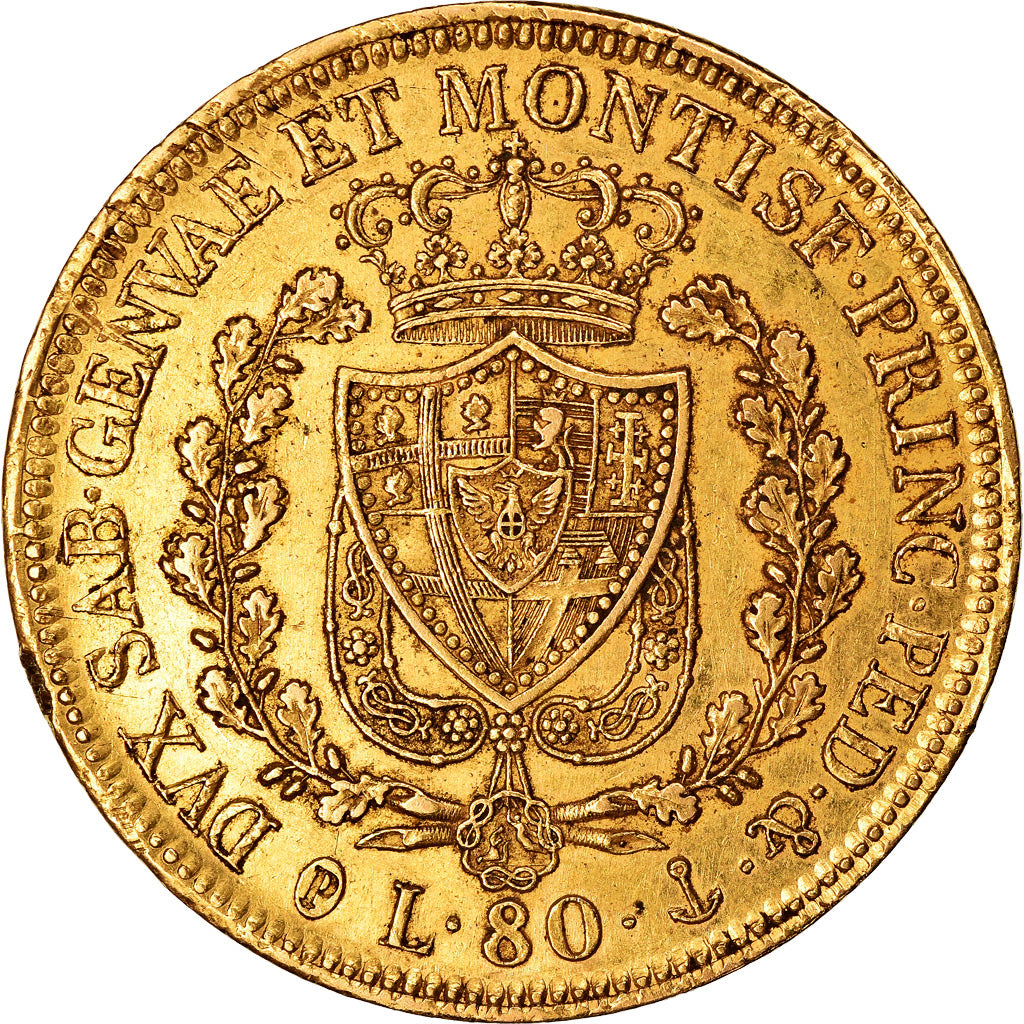 Moneta, STATI ITALIANI, SARDINIA, Carlo Felice, 80 Lire, 1830, Genoa, BB+, Oro