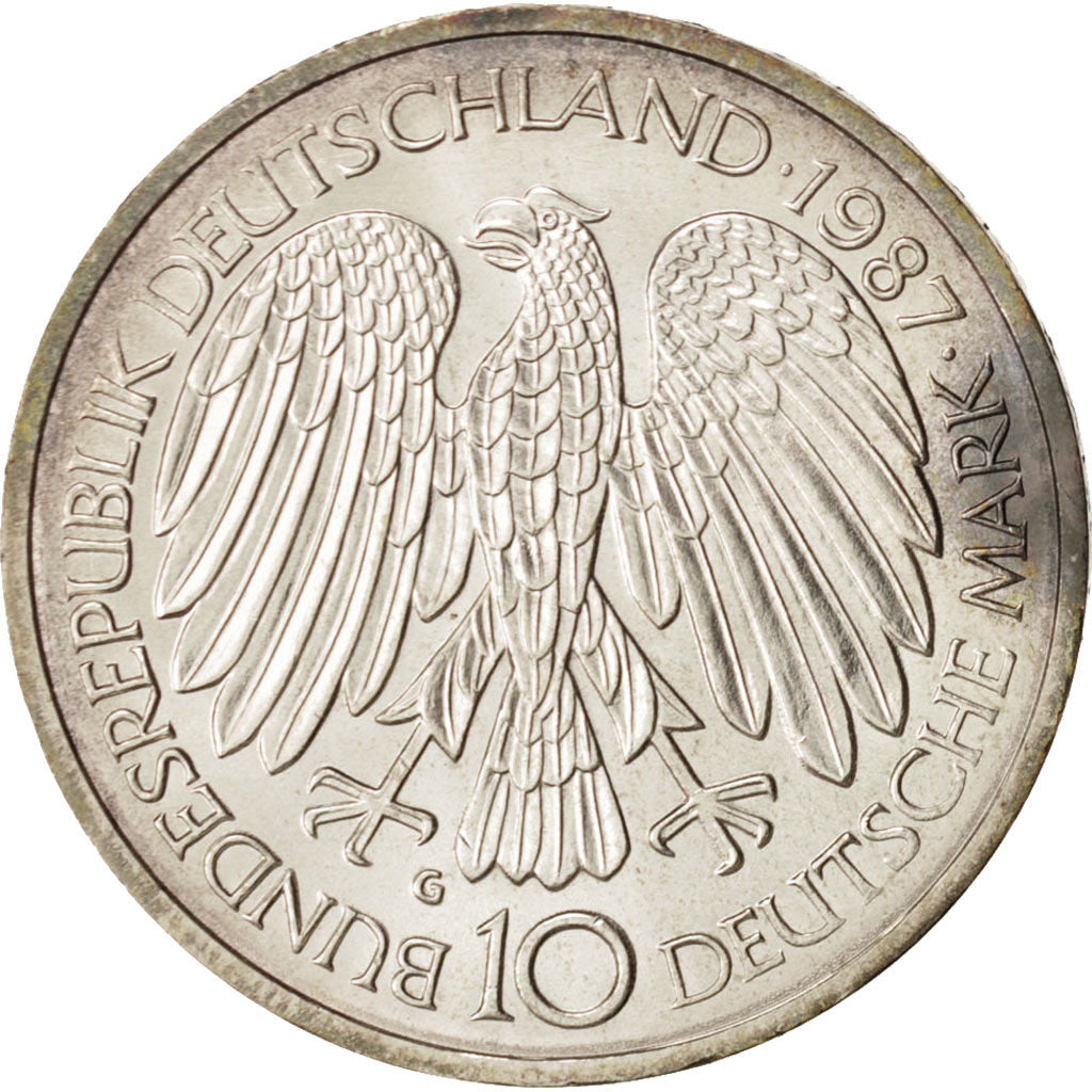 GERMANY - FEDERAL REPUBLIC, 10 Mark, 1987, Karlsruhe, Germany, Silver, KM:167