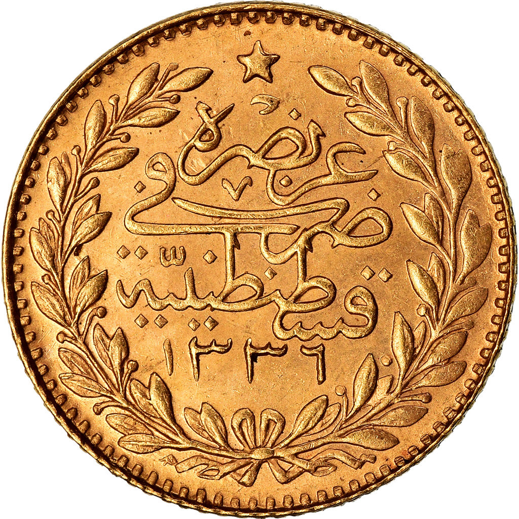 Coin, Turkey, Muhammad VI, 25 Kurush, 1918, Qustantiniyah, EF(40-45), Gold