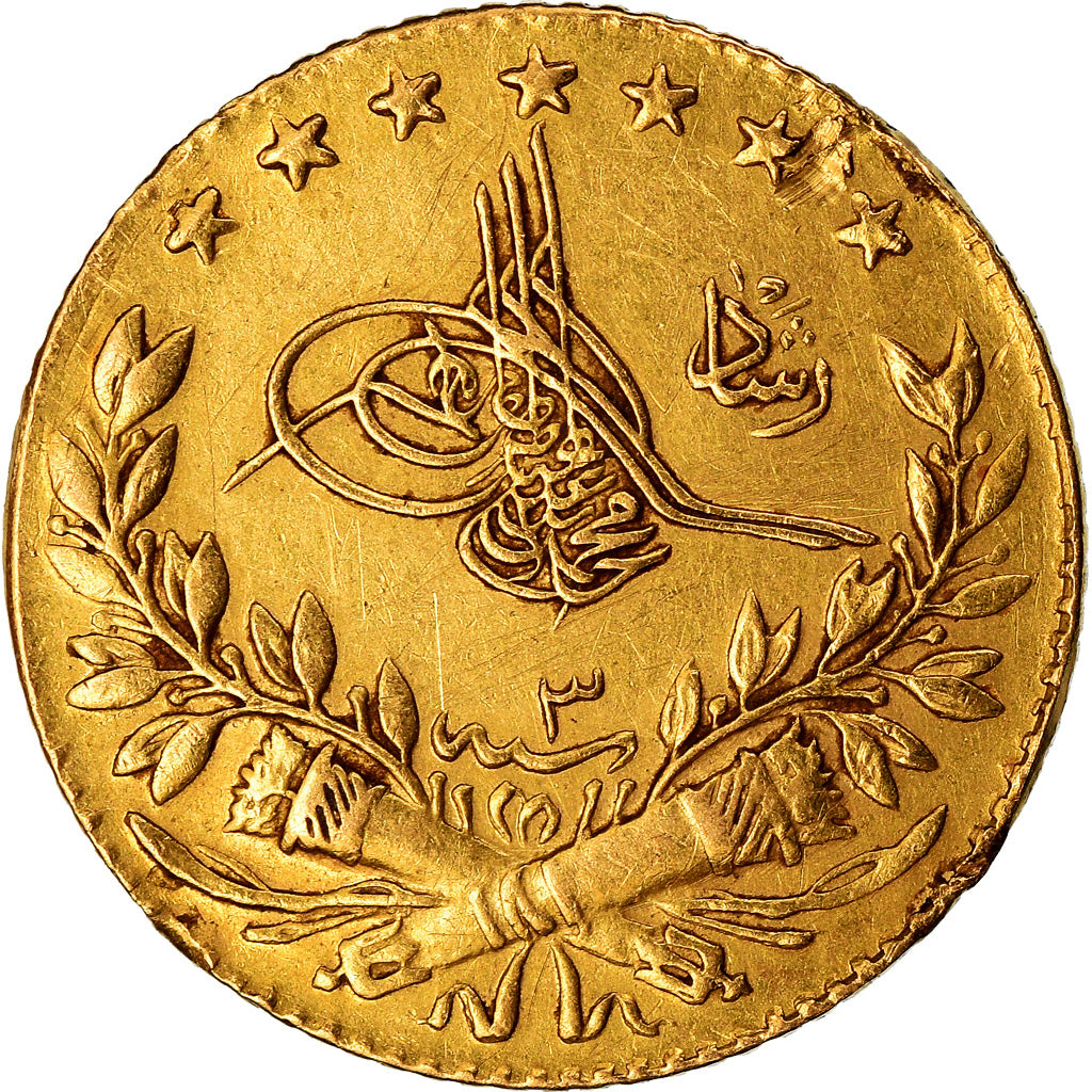 Coin, Turkey, Muhammad V, 25 Kurush, 1911, Qustantiniyah, EF(40-45), Gold