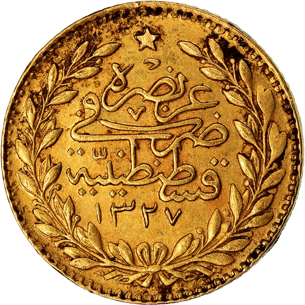 Coin, Turkey, Muhammad V, 25 Kurush, 1911, Qustantiniyah, EF(40-45), Gold