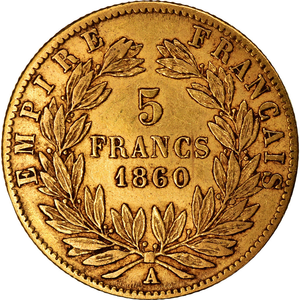 Moneta, Francja, Napoleon III, Napoléon III, 5 Francs, 1860, Paris, VF(20-25)
