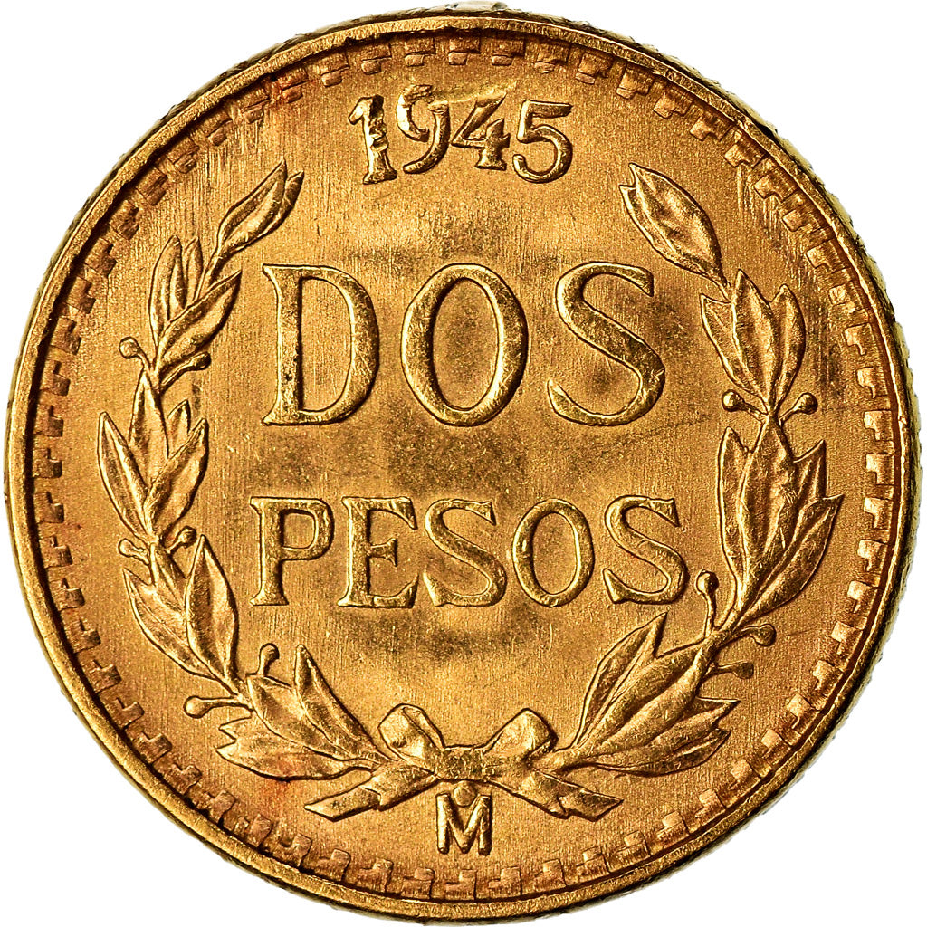 Coin, Mexico, 2 Pesos, 1945, Mexico City, AU(55-58), Gold, KM:461