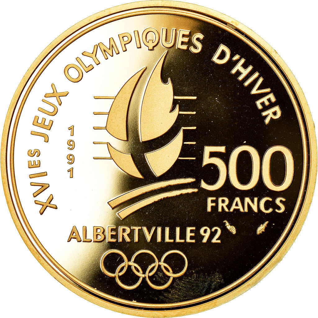 Coin, France, Albertville, Coubertin, 500 Francs, 1991, Paris, MS(65-70), Gold