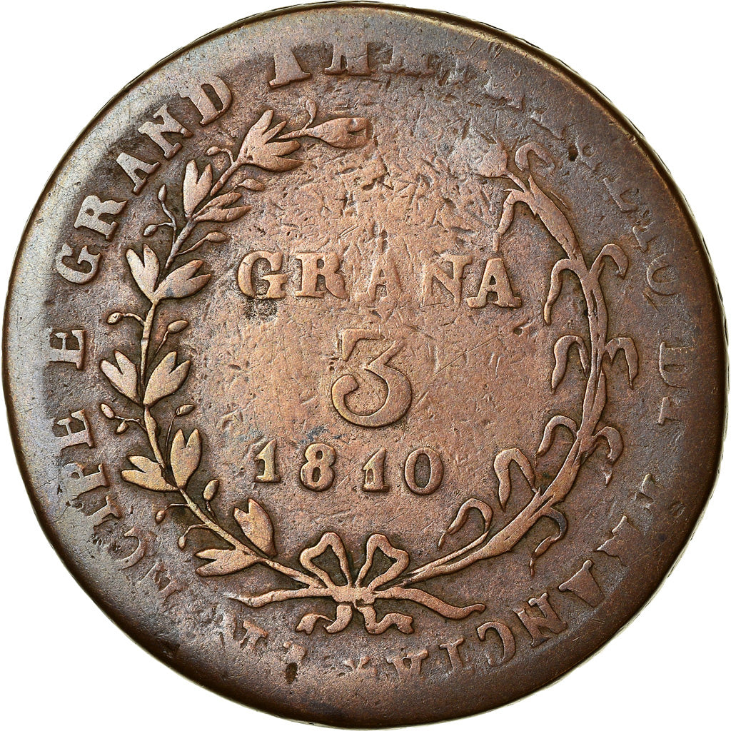 Coin, ITALIAN STATES, NAPLES, Joachim Murat, 3 Grana, 1810, F(12-15), Copper