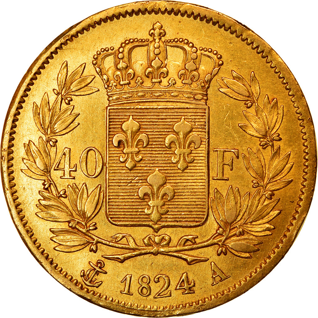 Moneta, Francja, Charles X, 40 Francs, 1824, Paris, AU(50-53), Złoto, KM:721.1