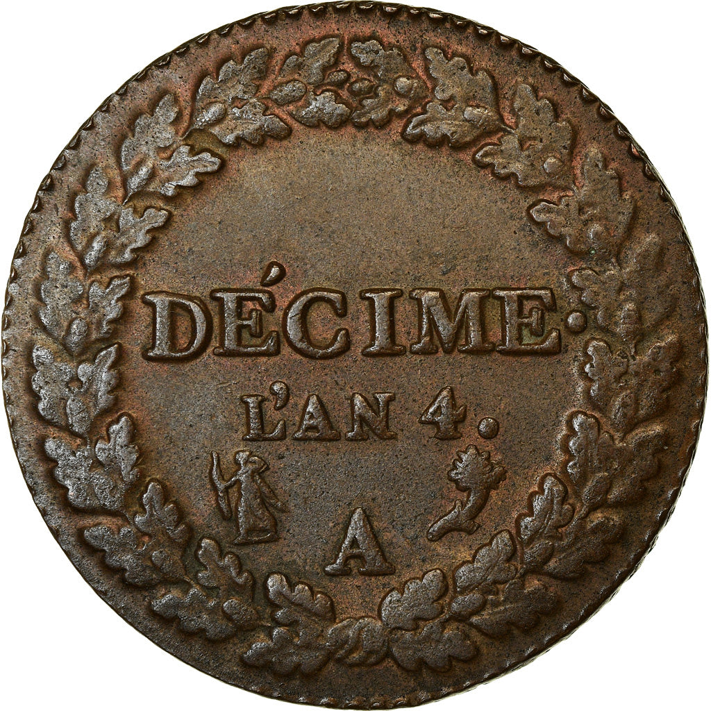 Coin, France, Dupré, Decime, AN 4, Paris, AU(55-58), Bronze, KM:636.1