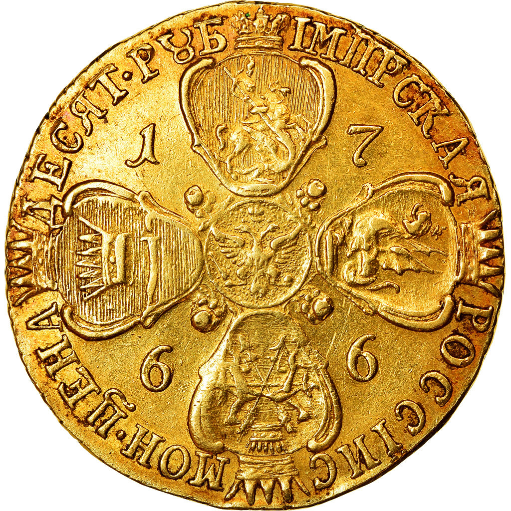 Coin, Russia, Catherine II, 10 Roubles, 1766, EF(40-45), Gold, KM:79a