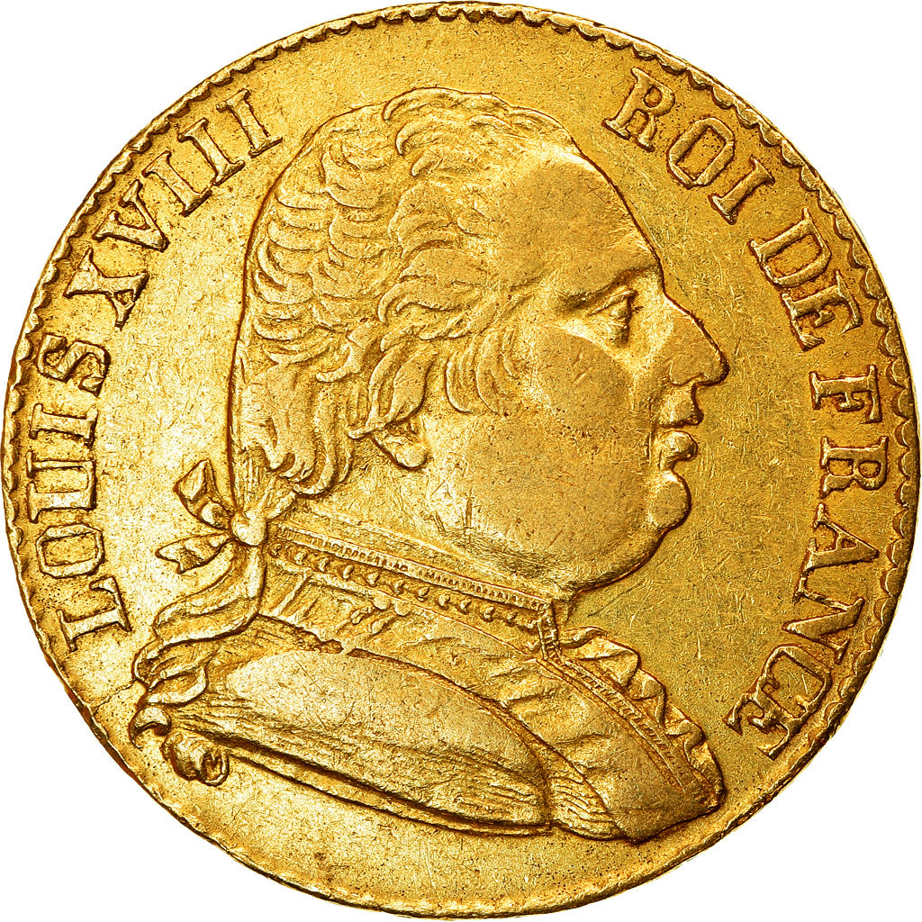 Moneta, Francja, Louis XVIII, 20 Francs, 1815, London, EF(40-45), Złoto, KM:1