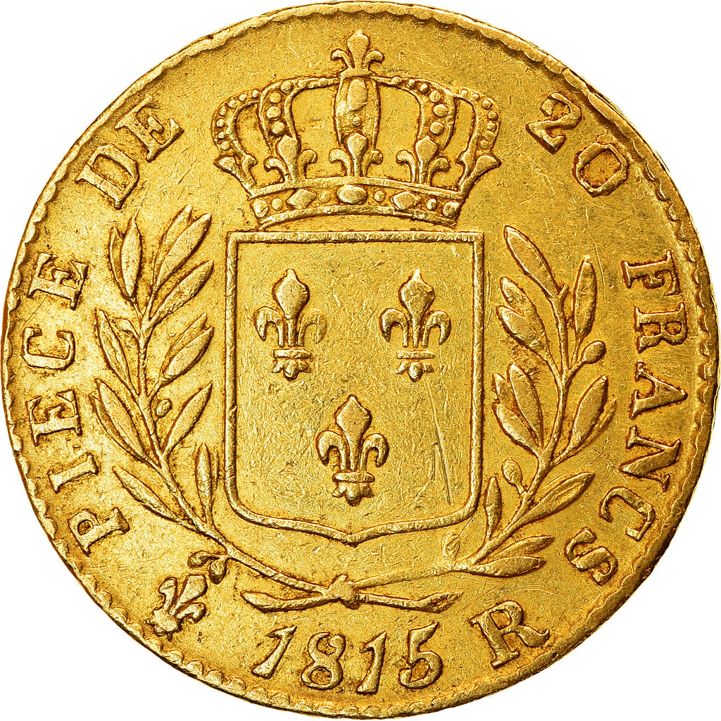Moneta, Francja, Louis XVIII, 20 Francs, 1815, London, EF(40-45), Złoto, KM:1
