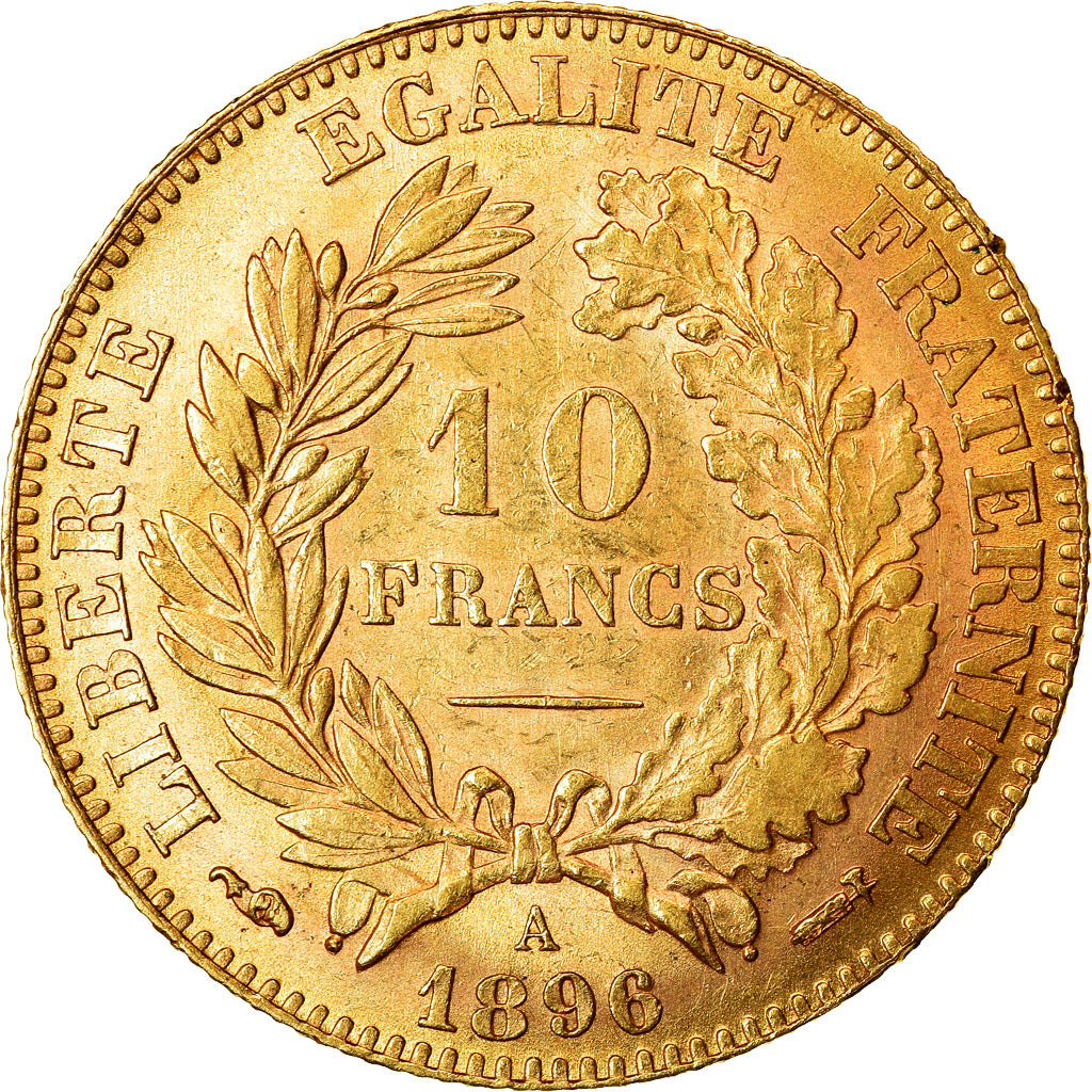 Moeda, França, Cérès, 10 Francs, 1896, Paris, AU(55-58), Dourado, KM:830
