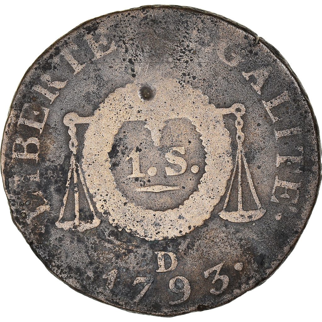 Moneda, Francia, Sol aux balances françoise, Sol, 1793, Lyon, BC+, Bronce