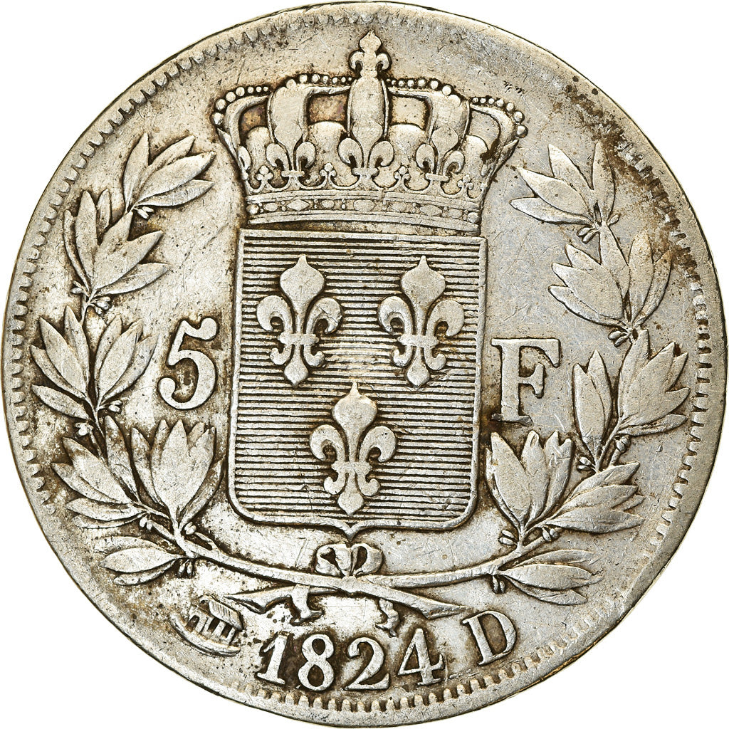 Coin, France, Louis XVIII, 5 Francs, 1824, Lyon, EF(40-45), Silver, KM:711.4