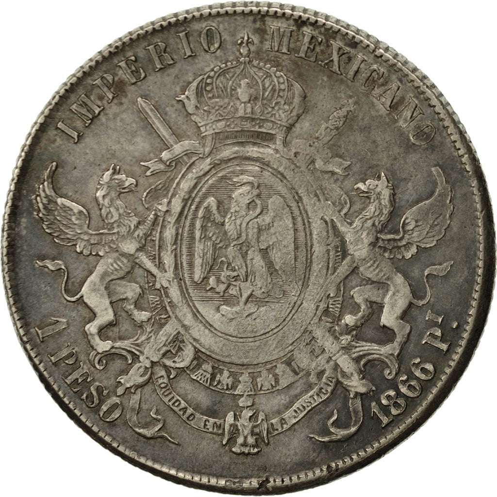 Moneta, Messico, Maximilian, Peso, 1866, San Luis Potosi, BB, Argento, KM:388.2