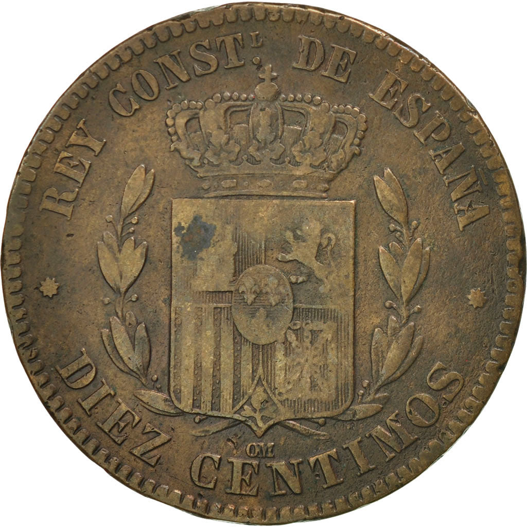 Coin, Spain, Alfonso XII, 10 Centimos, 1879, Barcelona, VF(20-25), Bronze