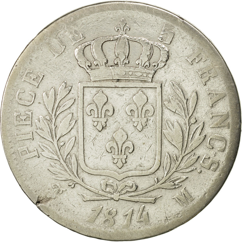 Coin, France, Louis XVIII, Louis XVIII, 5 Francs, 1814, Toulouse, VF(20-25)