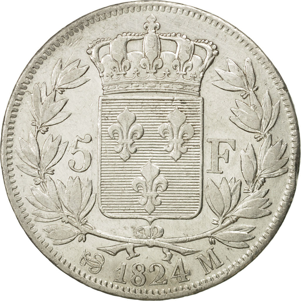 Coin, France, Louis XVIII, 5 Francs, 1824, Toulouse, AU(50-53), Silver
