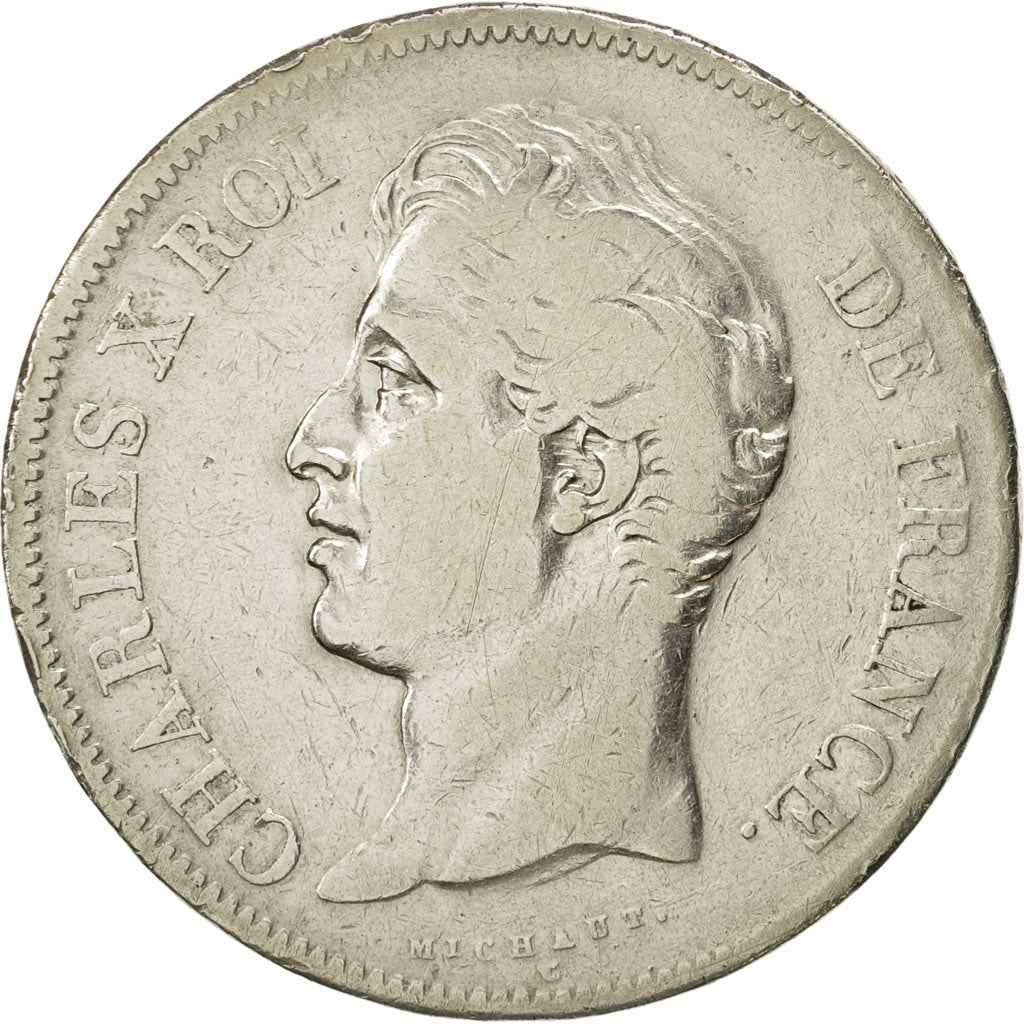 Coin, France, Charles X, 5 Francs, 1827, Rouen, VF(30-35), Silver, KM:728.2