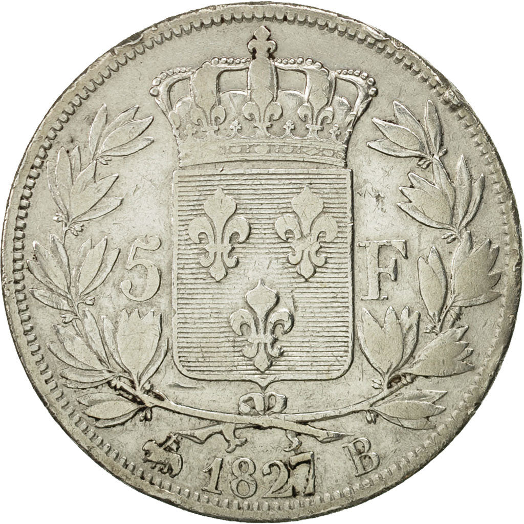 Coin, France, Charles X, 5 Francs, 1827, Rouen, VF(30-35), Silver, KM:728.2
