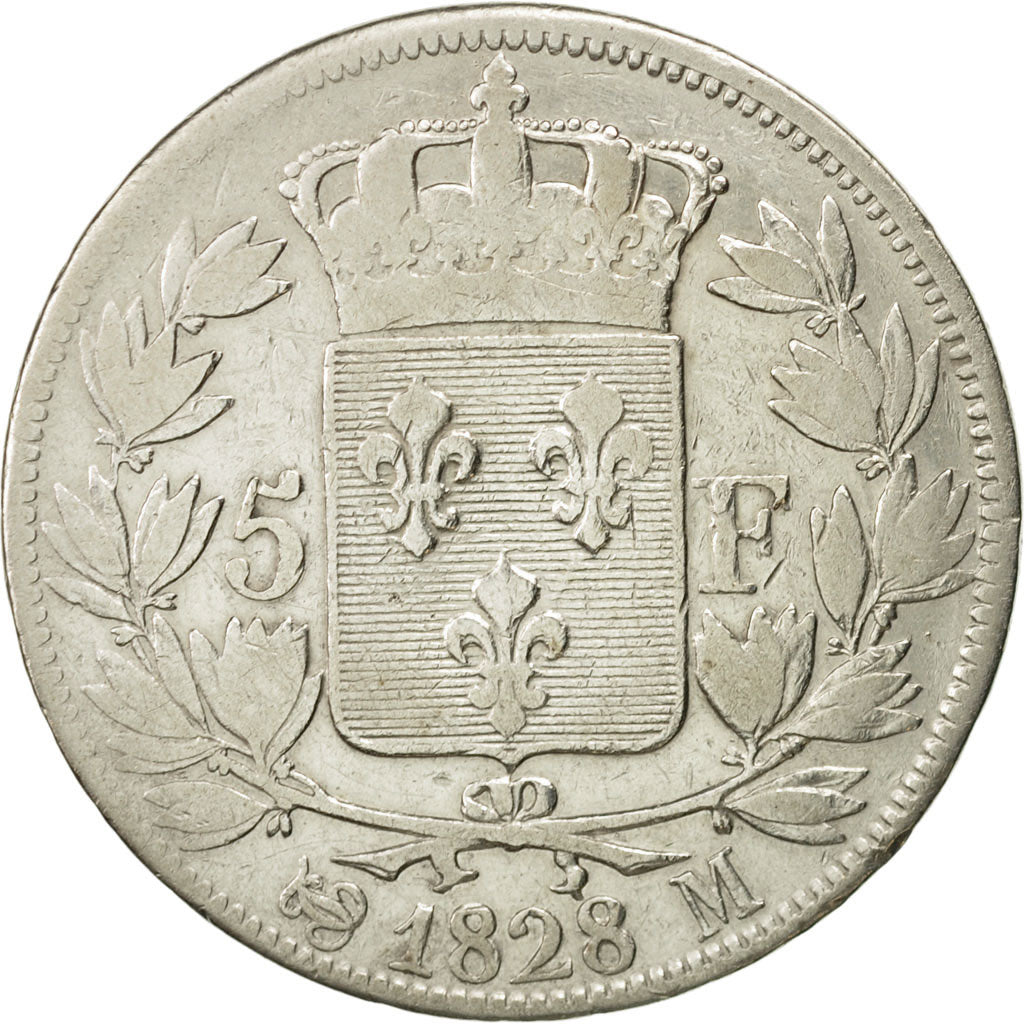 Moneda, Francia, Charles X, 5 Francs, 1828, Toulouse, BC+, Plata, KM:728.9