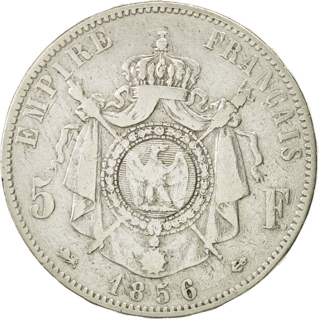 Moneda, Francia, Napoleon III, Napoléon III, 5 Francs, 1856, Lyon, BC+, Plata