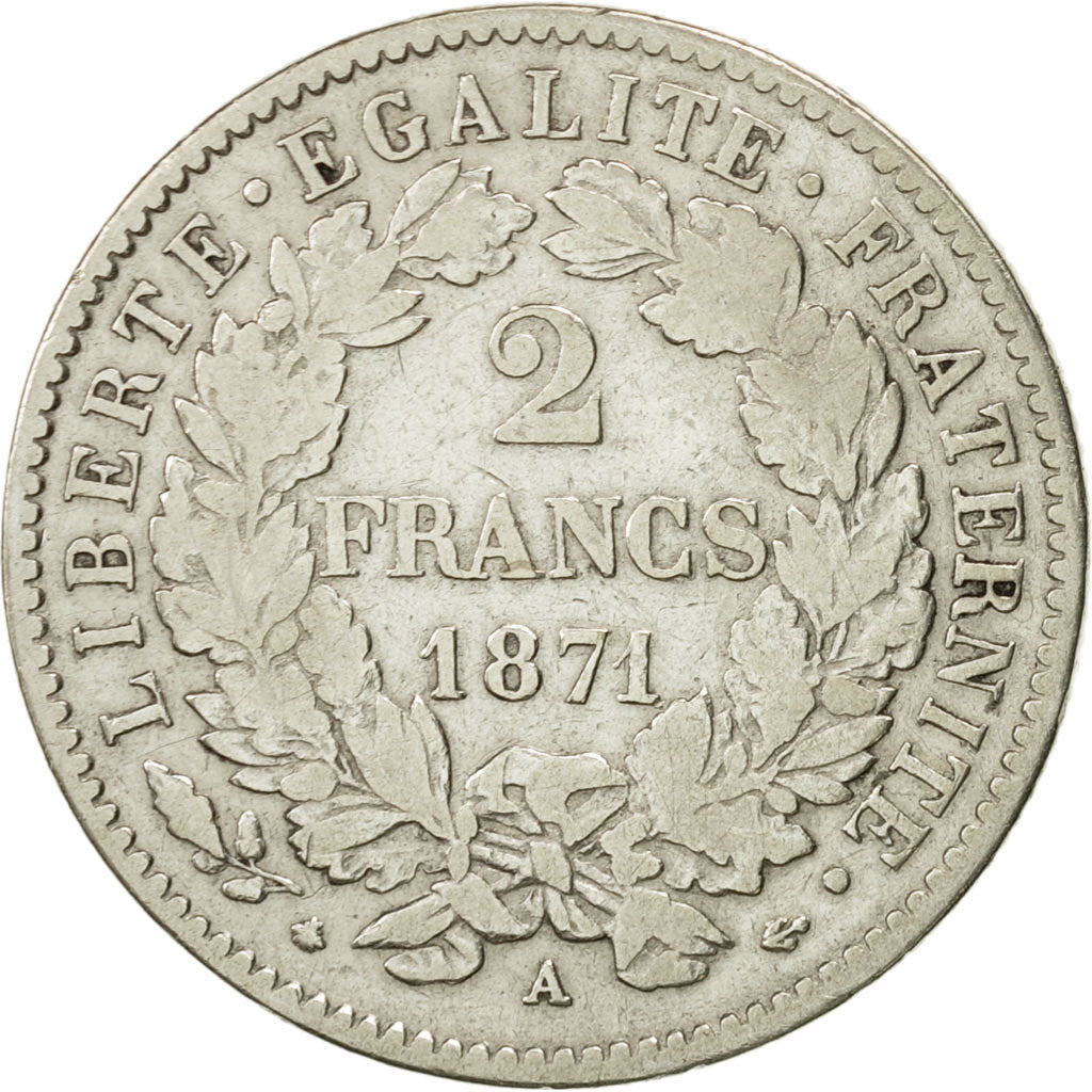Moneta, Francia, Cérès, 2 Francs, 1871, Paris, MB+, Argento, KM:817.1