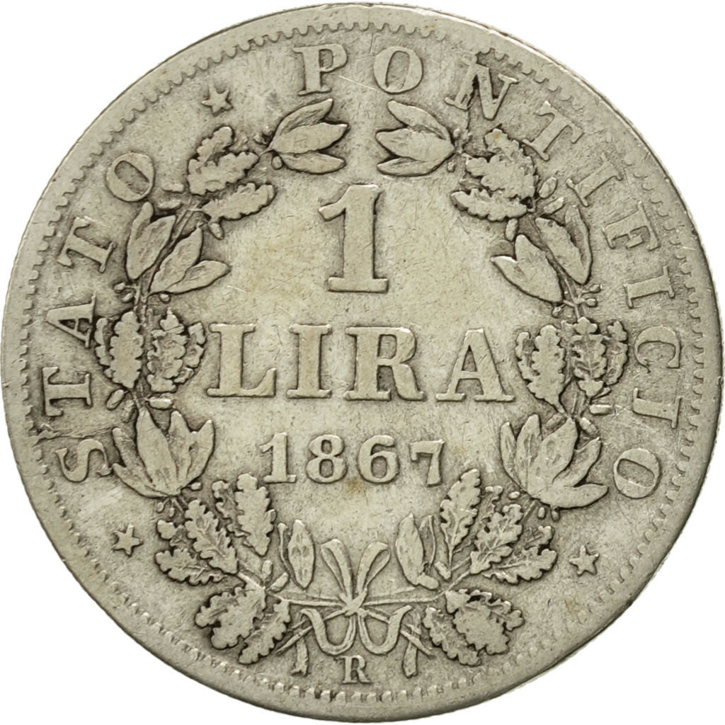 Moneda, Estados italianos, PAPAL STATES, Pius IX, Lira, 1867, Roma, BC+, Plata