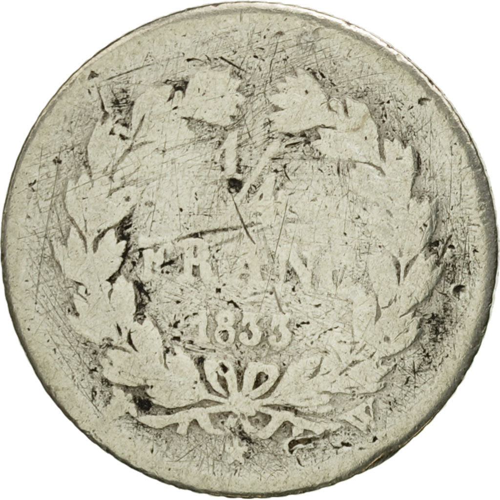 Coin, France, Louis-Philippe, 1/4 Franc, 1833, Lille, VG(8-10), Silver