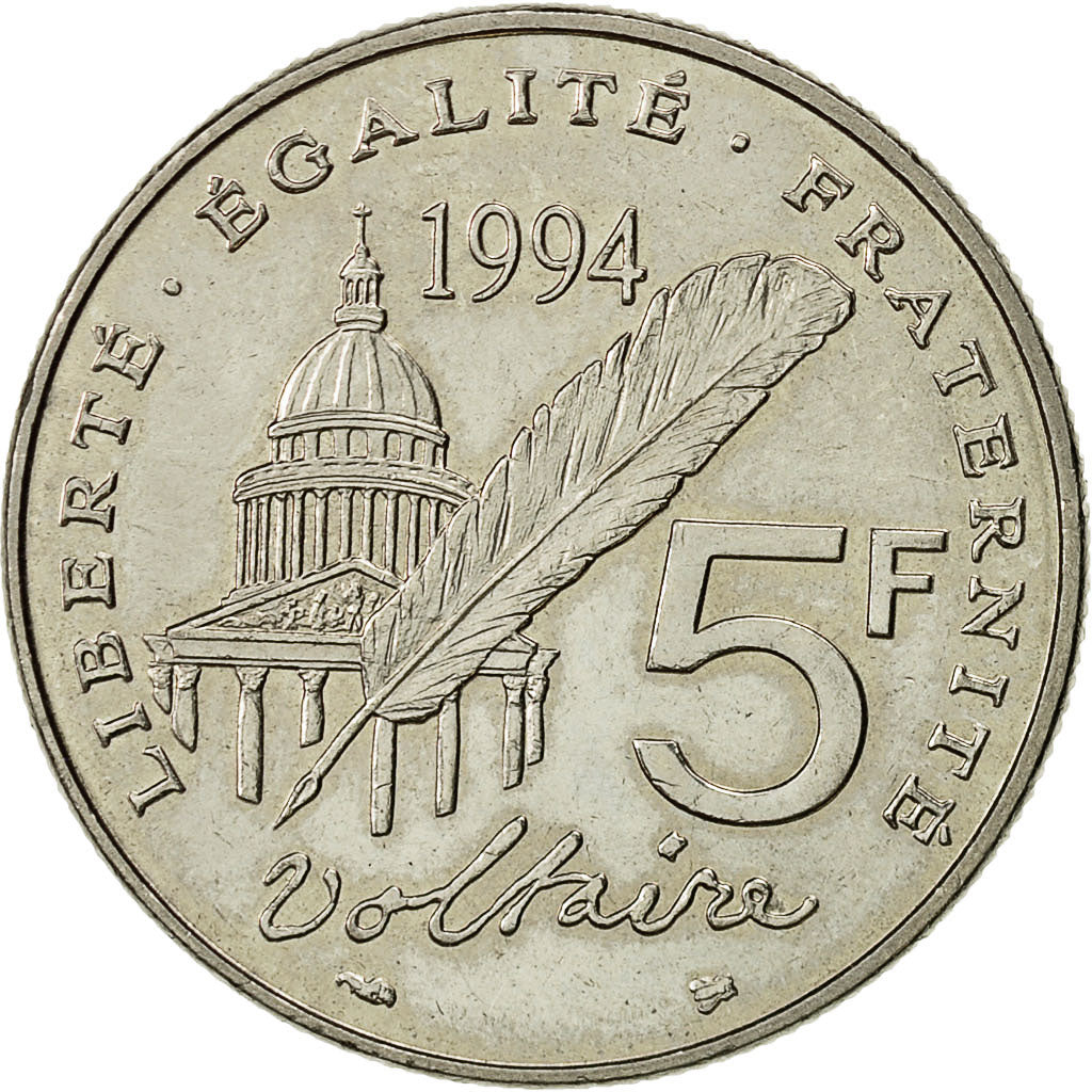 Coin, France, Voltaire, 5 Francs, 1994, Paris, MS(64), Nickel, KM:1063